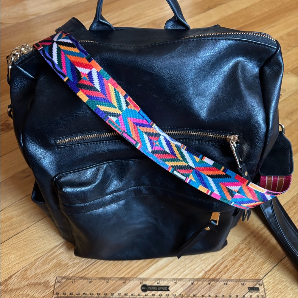 Black Leather Backpack with Colorful Strap